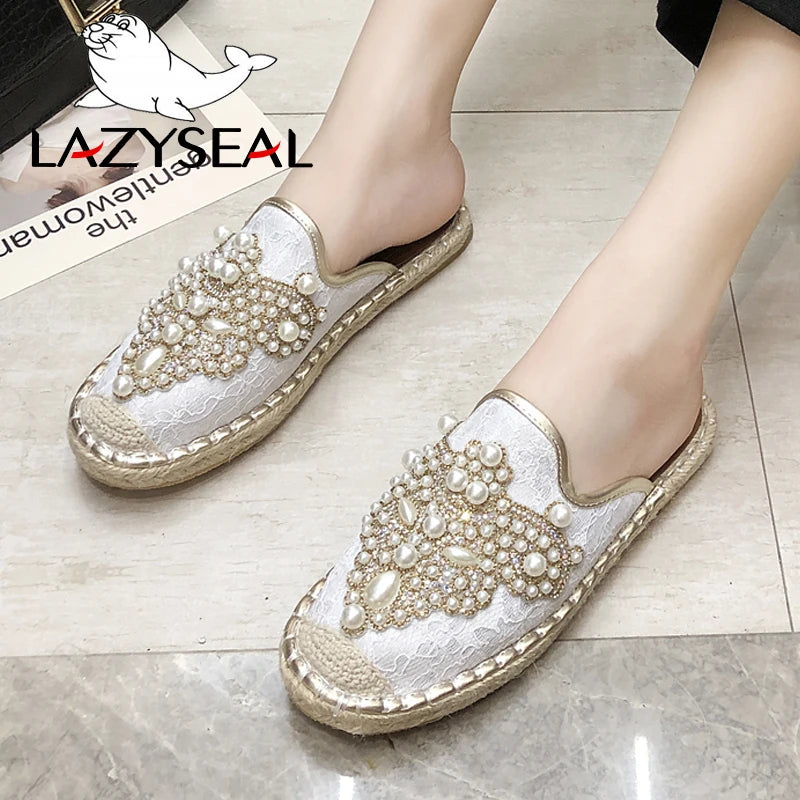 LazySeal New String Bead Half Slippers Spring Slides Women Shoes Pearl Hemp Flat Heel Shoes Women Cotton Fabric Lace Mules Shoes