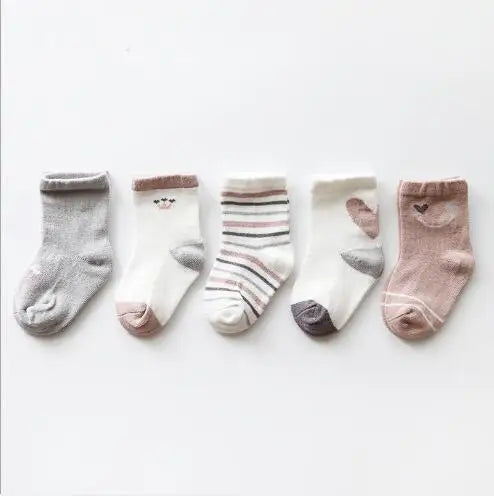 5Pairs/lot Spring and autumn new baby tube socks combed cotton cartoon loose mouth infant newborn animal stripe socks