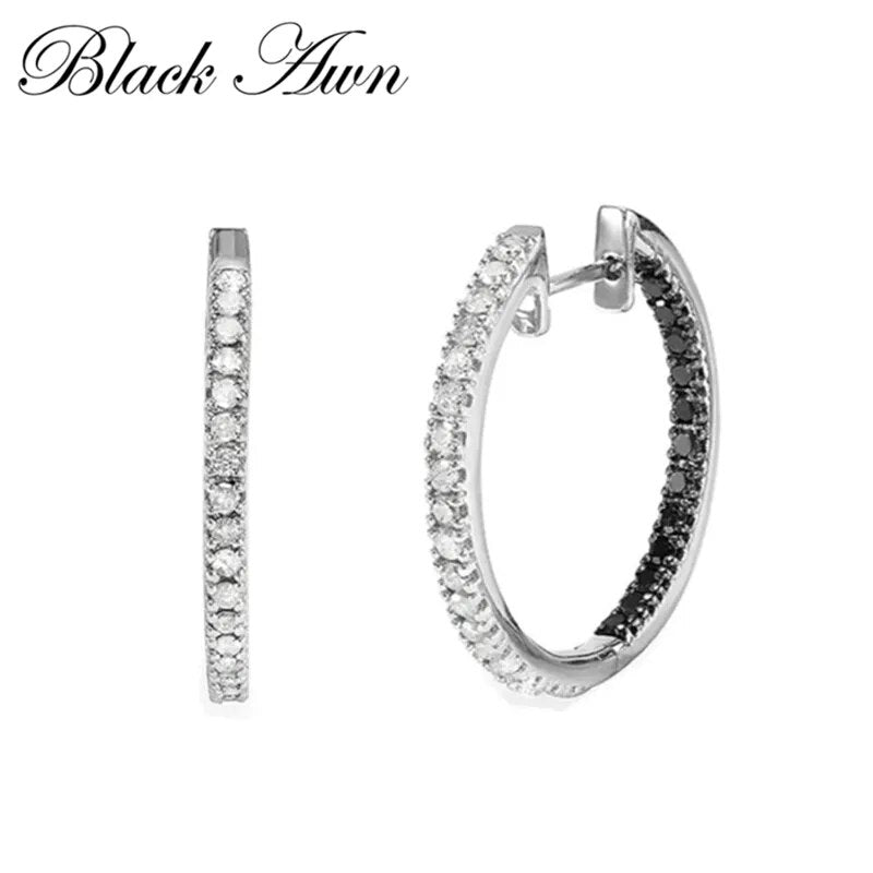 Black Awn New Classic Silver Color Round Trendy Spinel Engagement Hoop Earrings for Women Jewelry I181