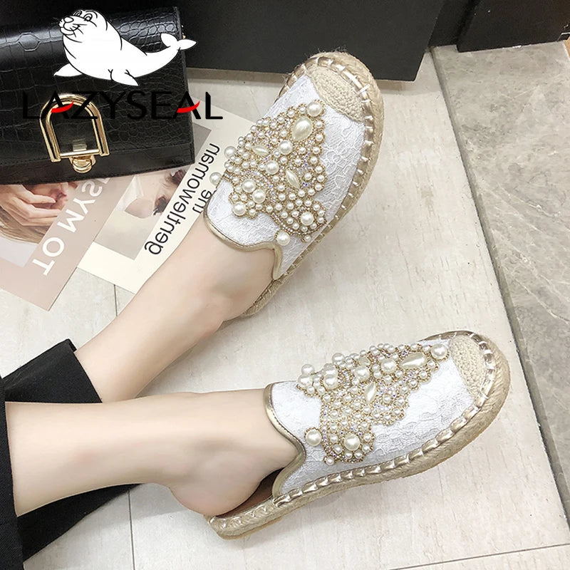 LazySeal New String Bead Half Slippers Spring Slides Women Shoes Pearl Hemp Flat Heel Shoes Women Cotton Fabric Lace Mules Shoes