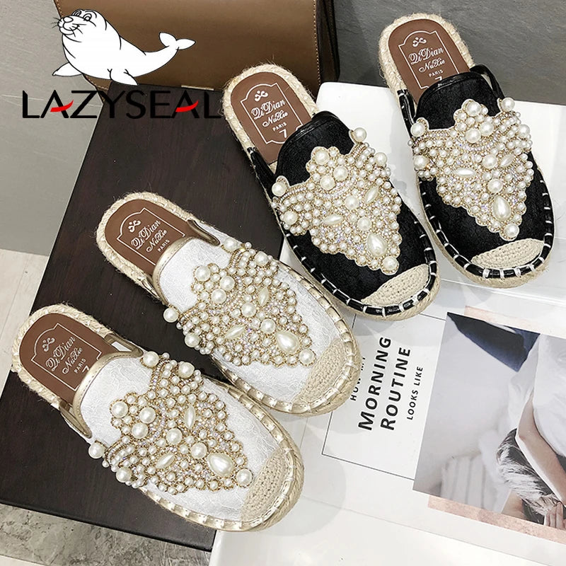 LazySeal New String Bead Half Slippers Spring Slides Women Shoes Pearl Hemp Flat Heel Shoes Women Cotton Fabric Lace Mules Shoes