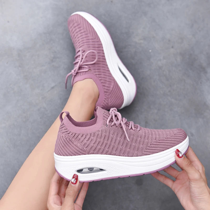 Fashion Breathable Mesh Women Shoes Wedges Heel Shoes Ladies Knitting Sock Sneakers Women Platform Casual Shoes