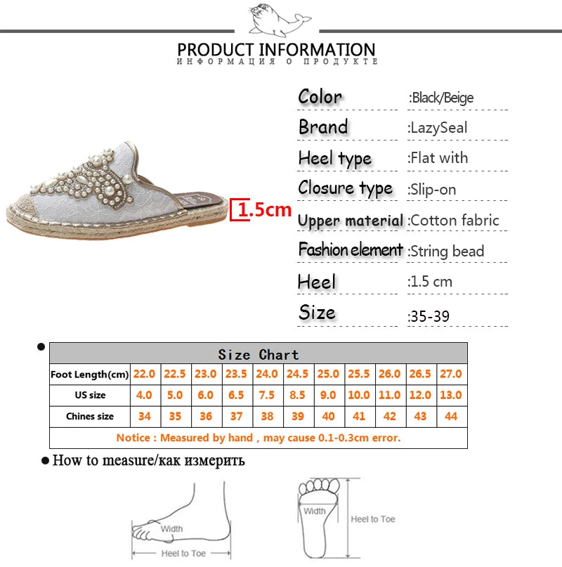LazySeal New String Bead Half Slippers Spring Slides Women Shoes Pearl Hemp Flat Heel Shoes Women Cotton Fabric Lace Mules Shoes