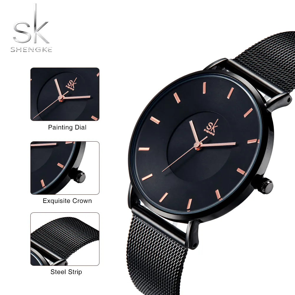 Shengke Fashion Black Watch For Women Classic Relogio Feminino Ultra Thin Quartz Watch Woman Adjustable Mesh Strap Montre Femme