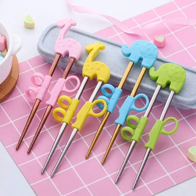 2Pairs Children Chopsticks For Kids Baby Staniless Steel Cartoon Learning Reusable Training Helper Chopsticks Home Baby Products