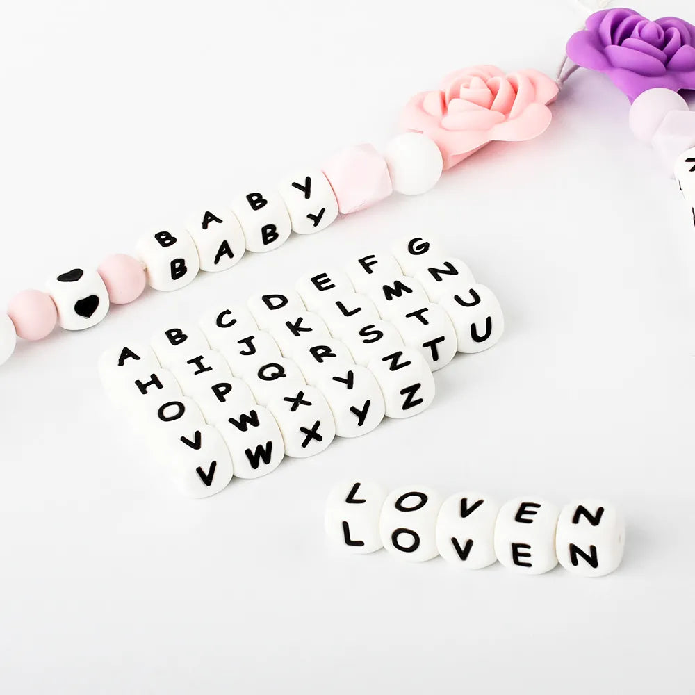 10pcs 12mm Baby Silicone Letters Beads Pacifier Letters Alphabet Beads BPA Free Baby Chew Teething Teethers Nursing Shower Gifts