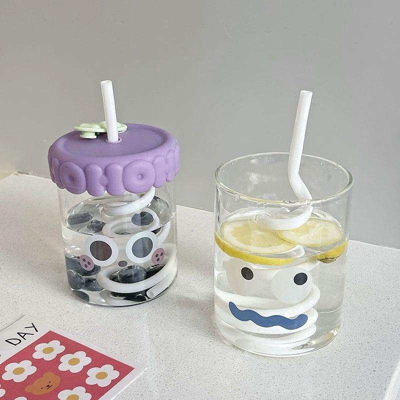 Cute High Borosilicate Cup with Straw Heat Resistant Glass Cute Summer Water Glass Female Milk Juice Student Coffee Cup