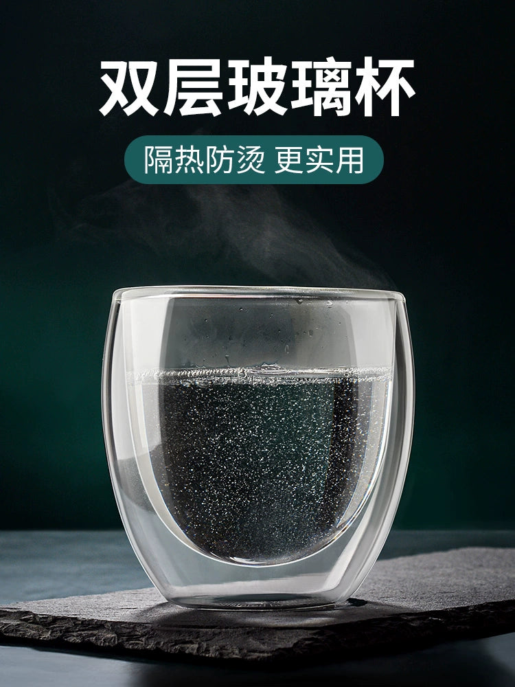 Creative Double-Layer Insulation Glass Coffee Cup Household Large-Capacity Water Cup Women's Office Tea Brewing Cup Men's Oven Mitts