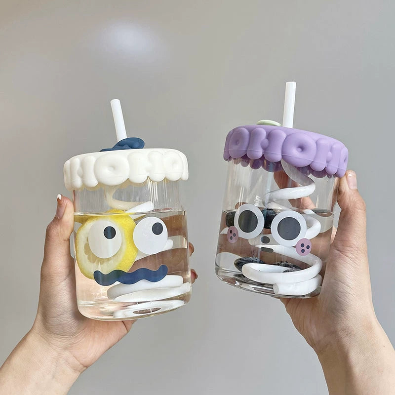 Cute High Borosilicate Cup with Straw Heat Resistant Glass Cute Summer Water Glass Female Milk Juice Student Coffee Cup