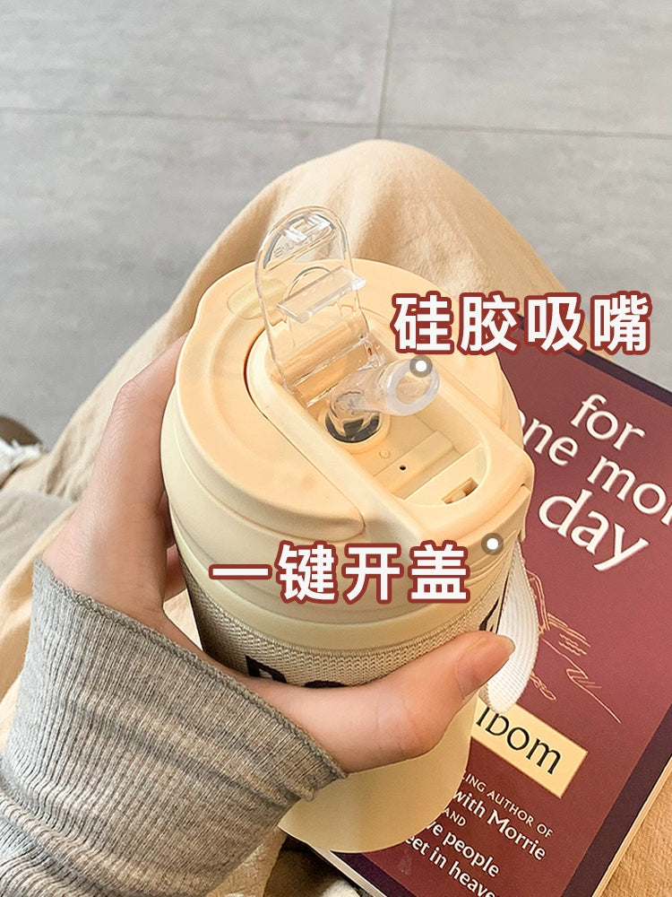 Simple Vacuum Cup Women 2023 New Straw Water Cup Women Good-looking Portable Student Coffee Cup Accompanying Cup