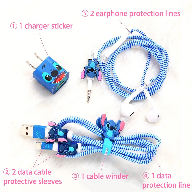 Disney Stitch Charger Cables Protector Winder Sticker Kawaii Anime Figure Data Line Head Headphone Cable Usb Storage Iphone Gift