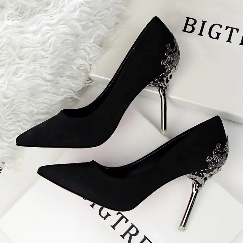 2023 Spring Women Shoes Pointed Toe Pumps Dress Shoes 10CM Thin High Heels Boat Shoes Flock Frosted Metal Hollow Wedding Shoes