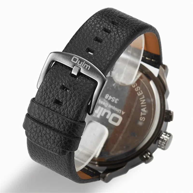 Oulm Men's Casual Sports Watches Unique Design Big Watch Male Leather Strap Quartz Clock Double Time Zone Men Luxury Wristwatch