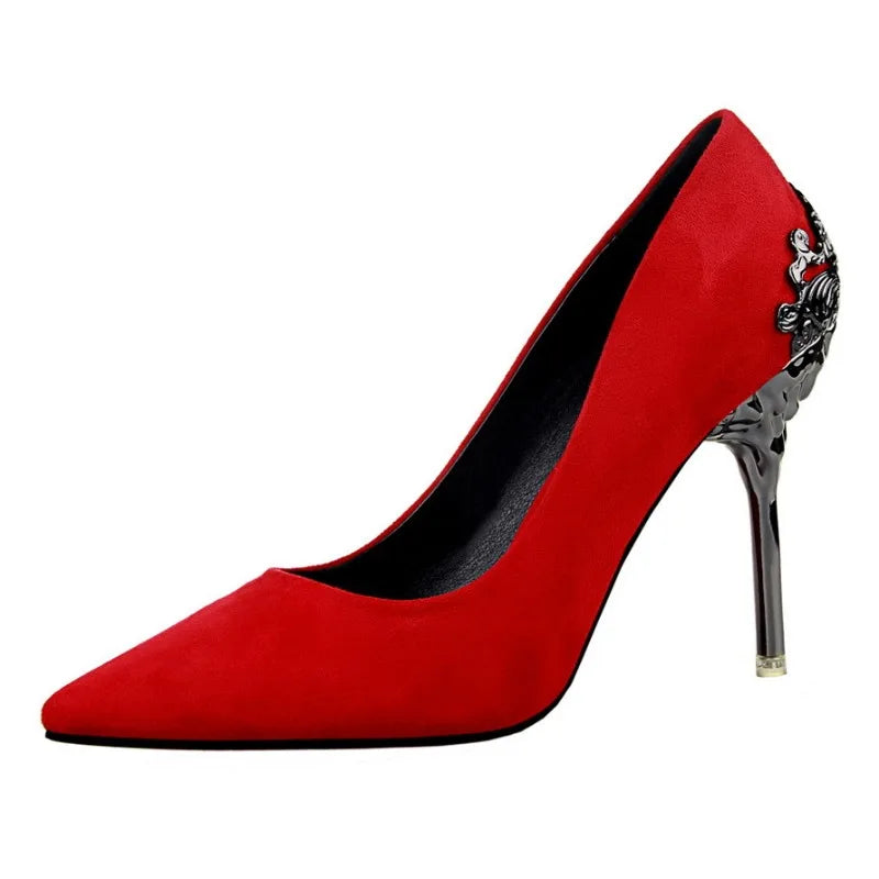 2023 Spring Women Shoes Pointed Toe Pumps Dress Shoes 10CM Thin High Heels Boat Shoes Flock Frosted Metal Hollow Wedding Shoes