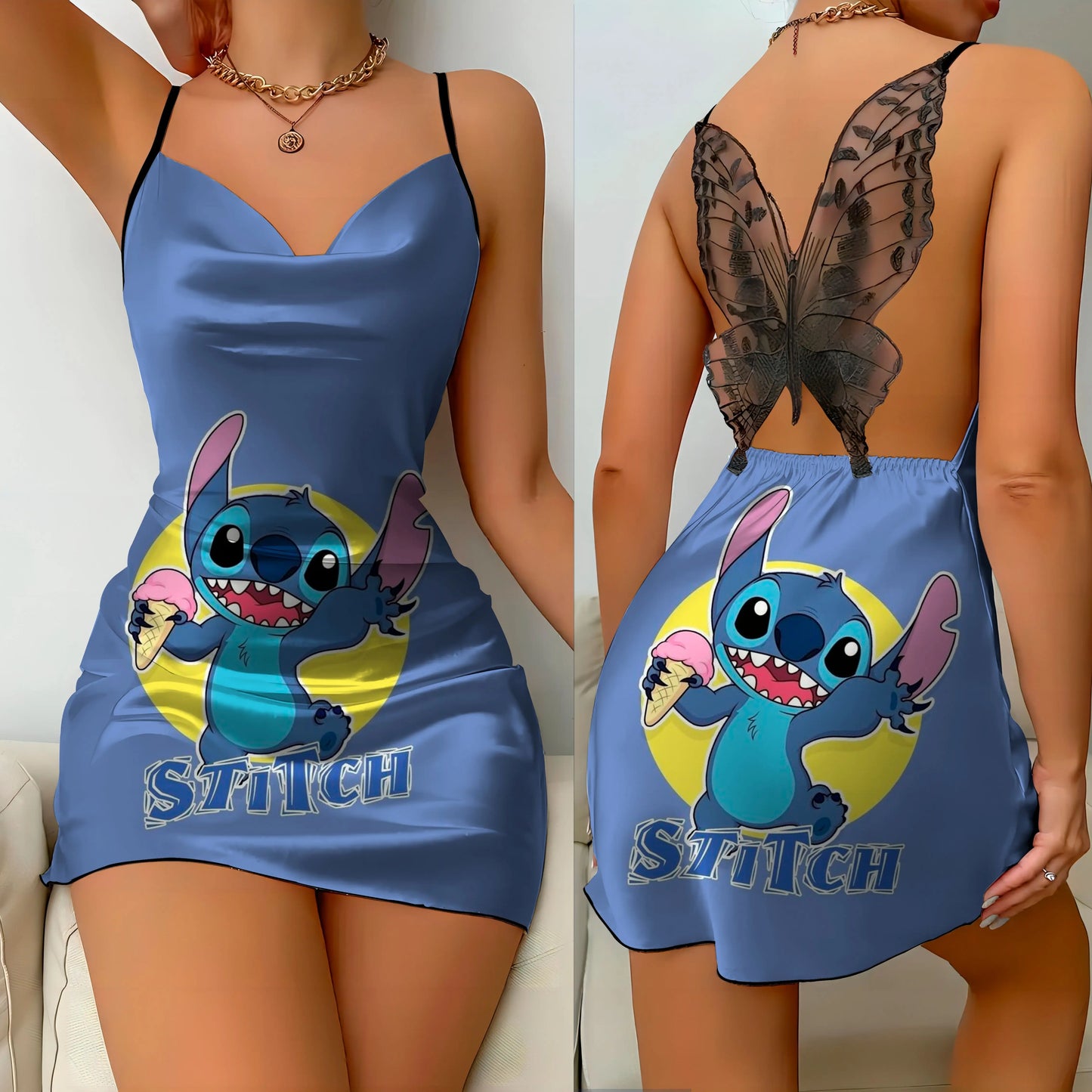 Stitch Disney Fashion Summer Dresses 2024 Pajama Skirt Backless Dress Satin Surface Bow Knot Womens Party Mini Sexy Lace Disney