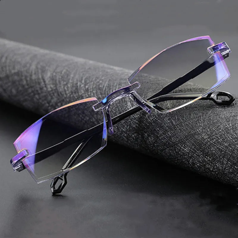 2023 New Men Women Rimless Reading Glasses Anti Blue Light Bifocal Far Near Magnification Eyewear Presbyopic Glasses +150 +200