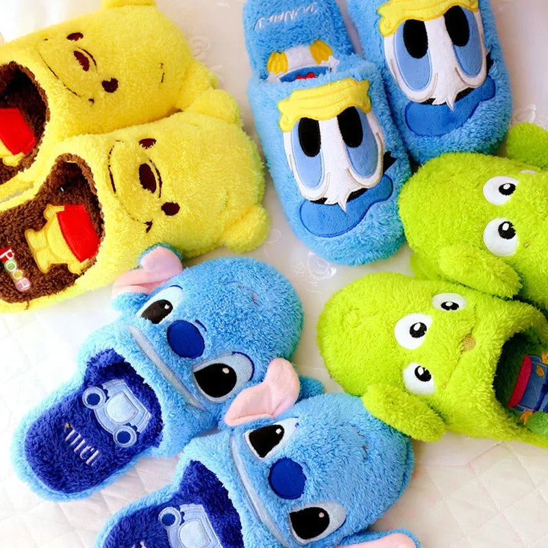 Disney Stitch Plush Slippers Men Women Winter Warm Non-slip Indoor Slippers Cartoon Fluffy Slides Home Cotton Shoes Couple Gift