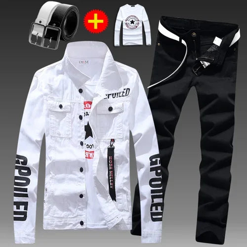 Men's Slim Fit Denim Jacket Pants 2pcs Set Long Sleeve Coats Letters Printed Casual Large Size Black White Red Boys Trousers