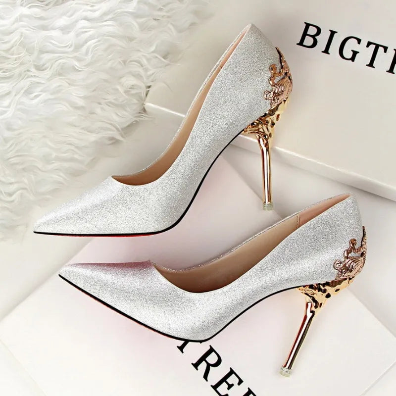 2023 Spring Women Shoes Pointed Toe Pumps Dress Shoes 10CM Thin High Heels Boat Shoes Flock Frosted Metal Hollow Wedding Shoes
