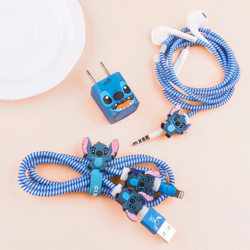 Disney Stitch Charger Cables Protector Winder Sticker Kawaii Anime Figure Data Line Head Headphone Cable Usb Storage Iphone Gift