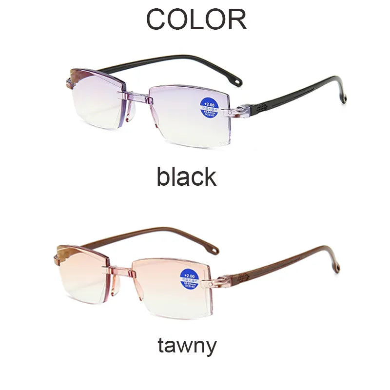 2023 New Men Women Rimless Reading Glasses Anti Blue Light Bifocal Far Near Magnification Eyewear Presbyopic Glasses +150 +200
