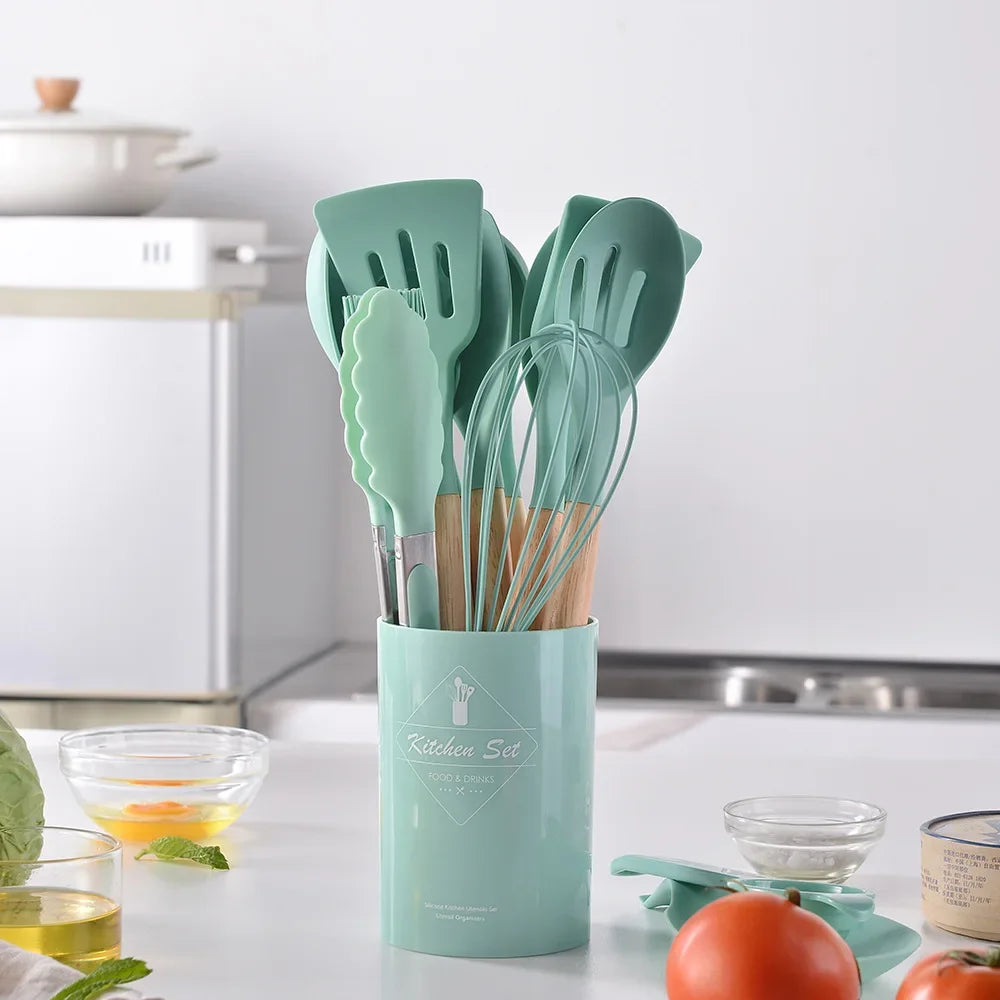 12Pcs Silicone Utensils Set Non-Stick Cookware Spatula Shovel Egg Beaters Wooden Handle Kitchenware Home Kitchen Cooking Tools