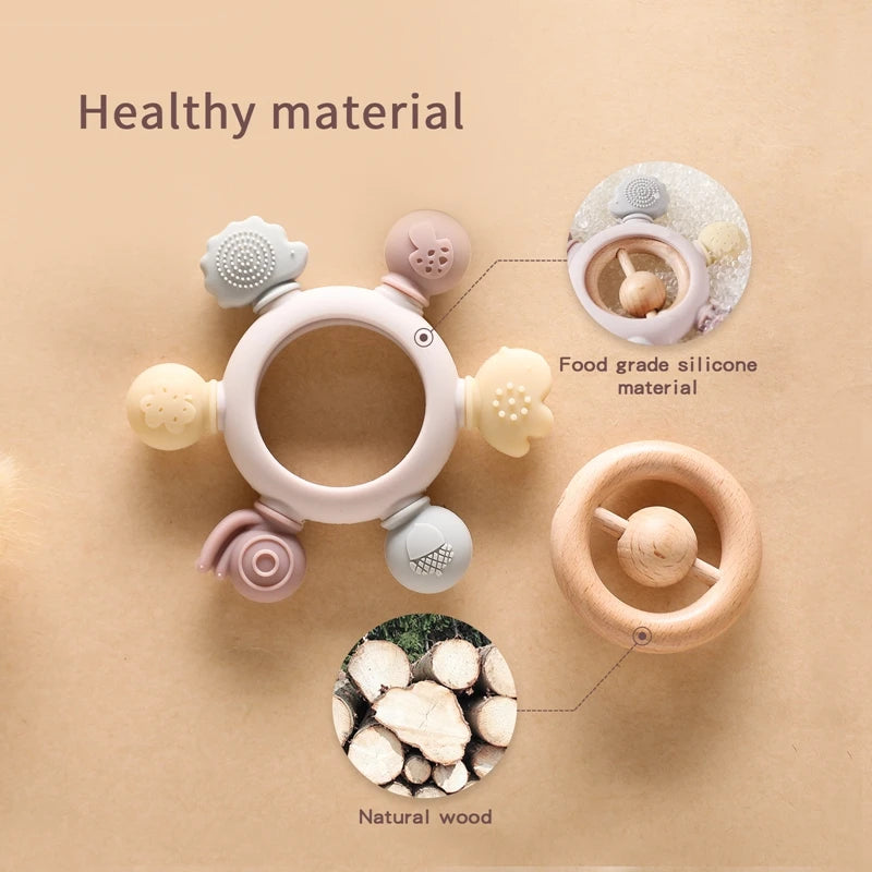 Let's Make 1PC Silicone Teether Baby Rudder Shape Wooden Teether Ring Kid Gift BPA Free Silicone Children Goods Kid Teething Toy