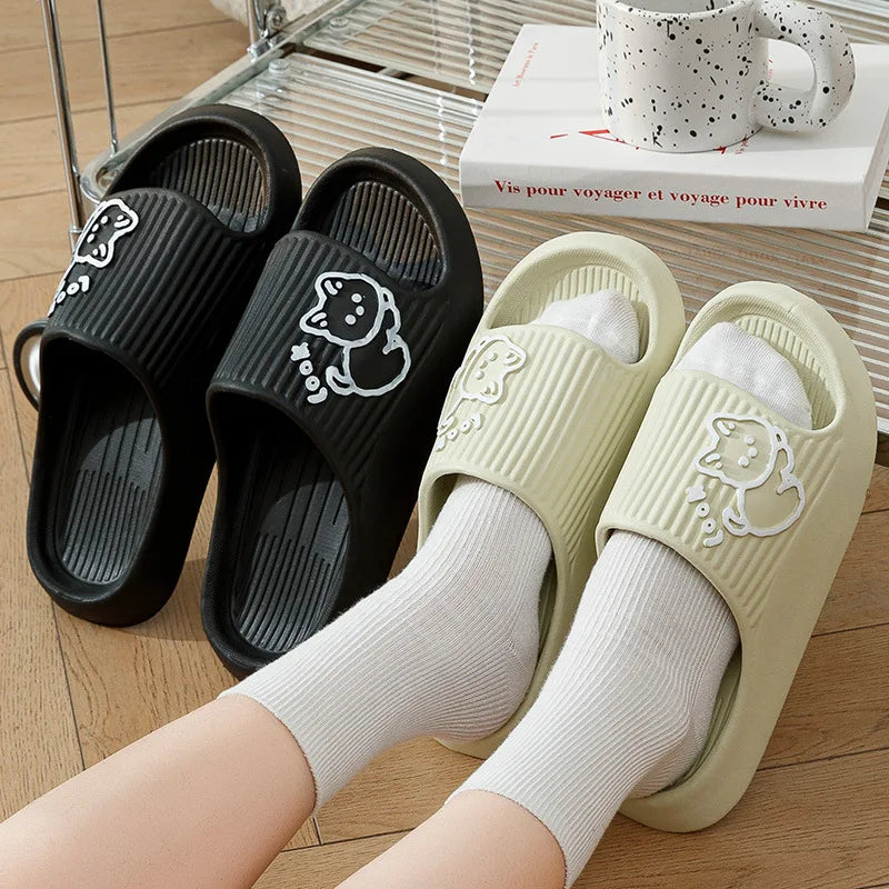 Summer Women Men's Slippers Indoor Bath Thick Platform Non-Slip Home Flip Flops Cartoon Cat Bear Beach Sandals Ladies Shoes