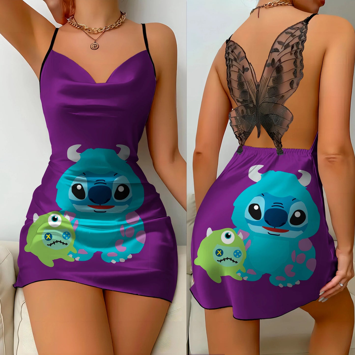 Stitch Disney Fashion Summer Dresses 2024 Pajama Skirt Backless Dress Satin Surface Bow Knot Womens Party Mini Sexy Lace Disney