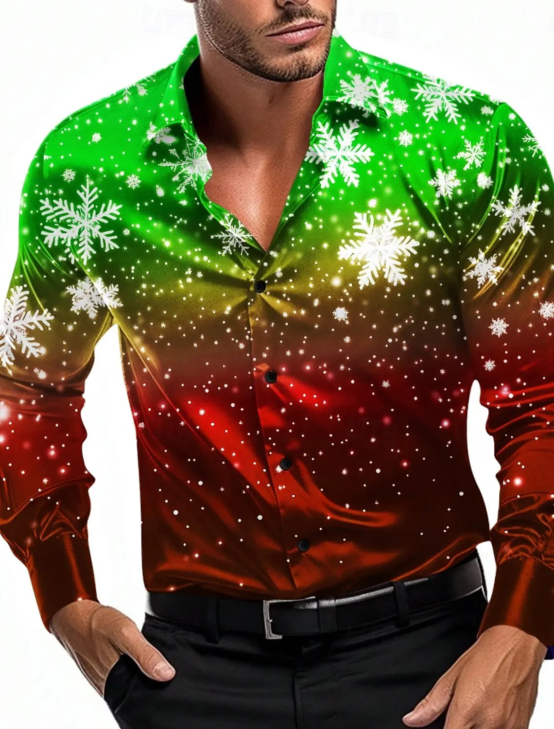 Christmas Theme Men's Christmas Scene Printed Shirts Snowflake Gradient Graphics Button Up Long Sleeve Shirts Fashion Tops Thin