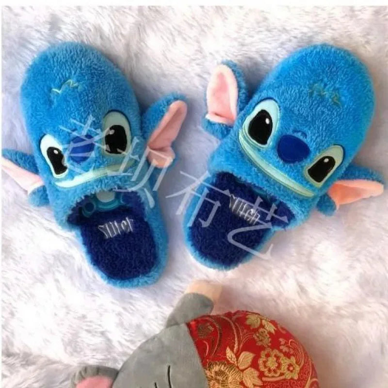 Disney Stitch Plush Slippers Men Women Winter Warm Non-slip Indoor Slippers Cartoon Fluffy Slides Home Cotton Shoes Couple Gift