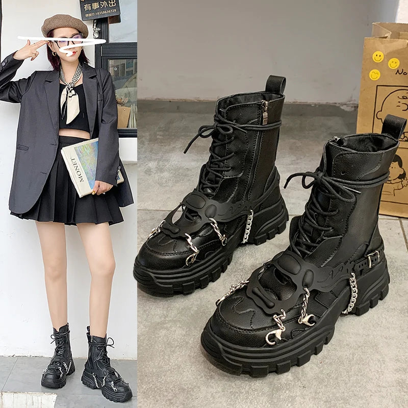Women Shoes Platform Boots Punk Gothic for Women Boots Combat Ladies Black Metal Button Woman Motorcycle Ankle Boots Autumn New
