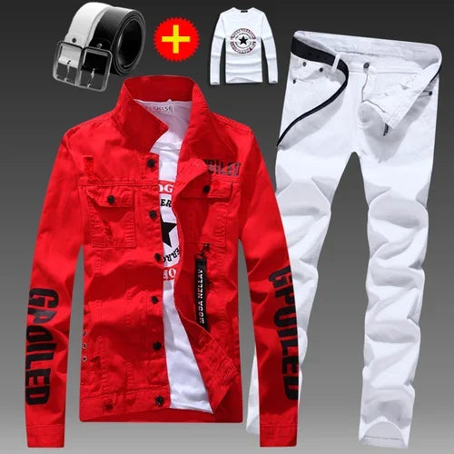Men's Slim Fit Denim Jacket Pants 2pcs Set Long Sleeve Coats Letters Printed Casual Large Size Black White Red Boys Trousers
