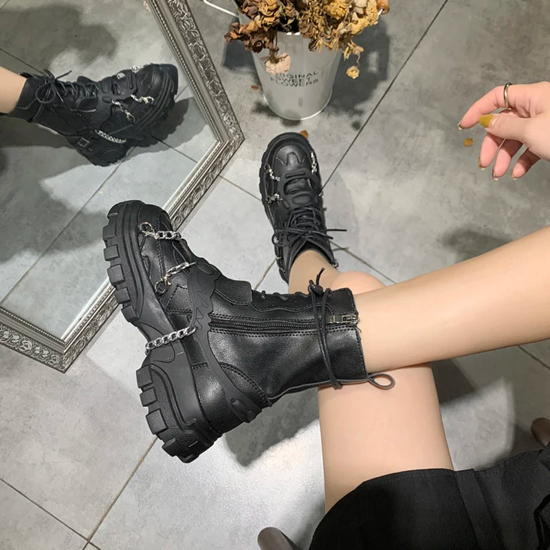 Women Shoes Platform Boots Punk Gothic for Women Boots Combat Ladies Black Metal Button Woman Motorcycle Ankle Boots Autumn New