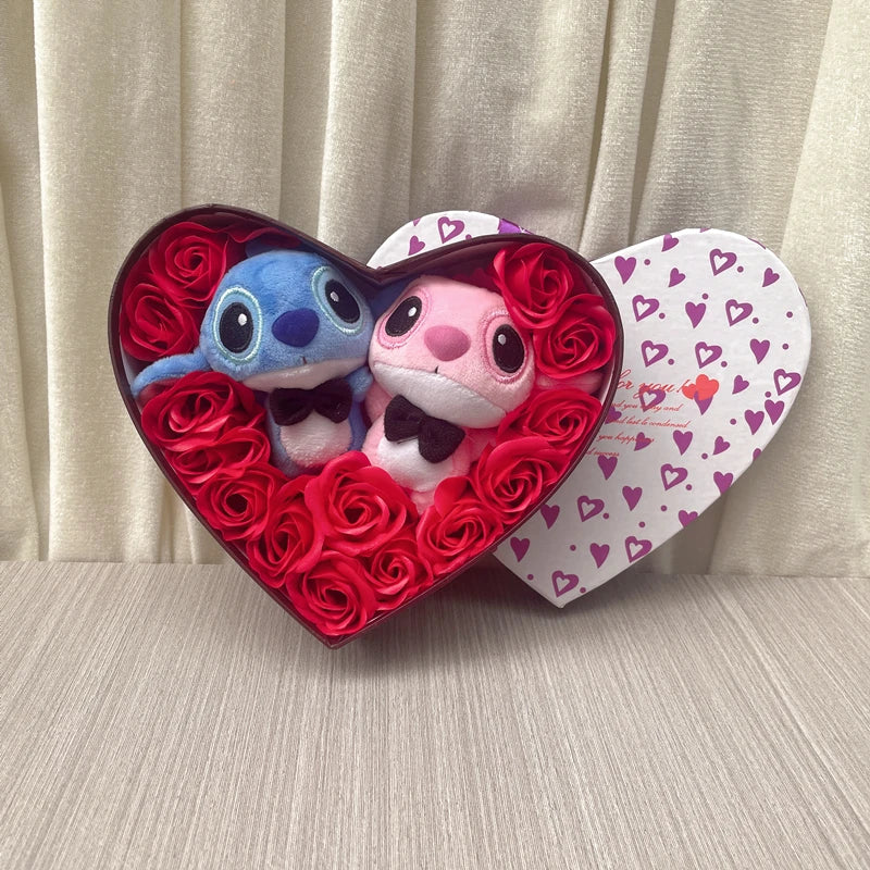 Disney Cartoon Lilo Stitch Plush Doll Toys Rose Bouquet Gift Box Stitch Flower Bouquet Home Decoration Valentine Christmas Gifts
