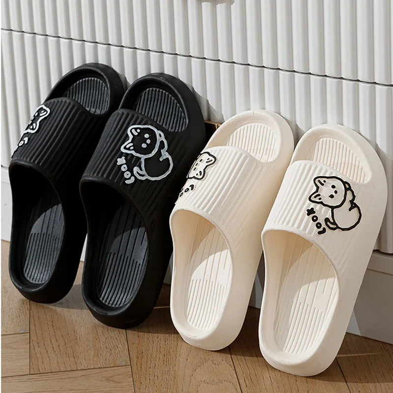 Summer Women Men's Slippers Indoor Bath Thick Platform Non-Slip Home Flip Flops Cartoon Cat Bear Beach Sandals Ladies Shoes