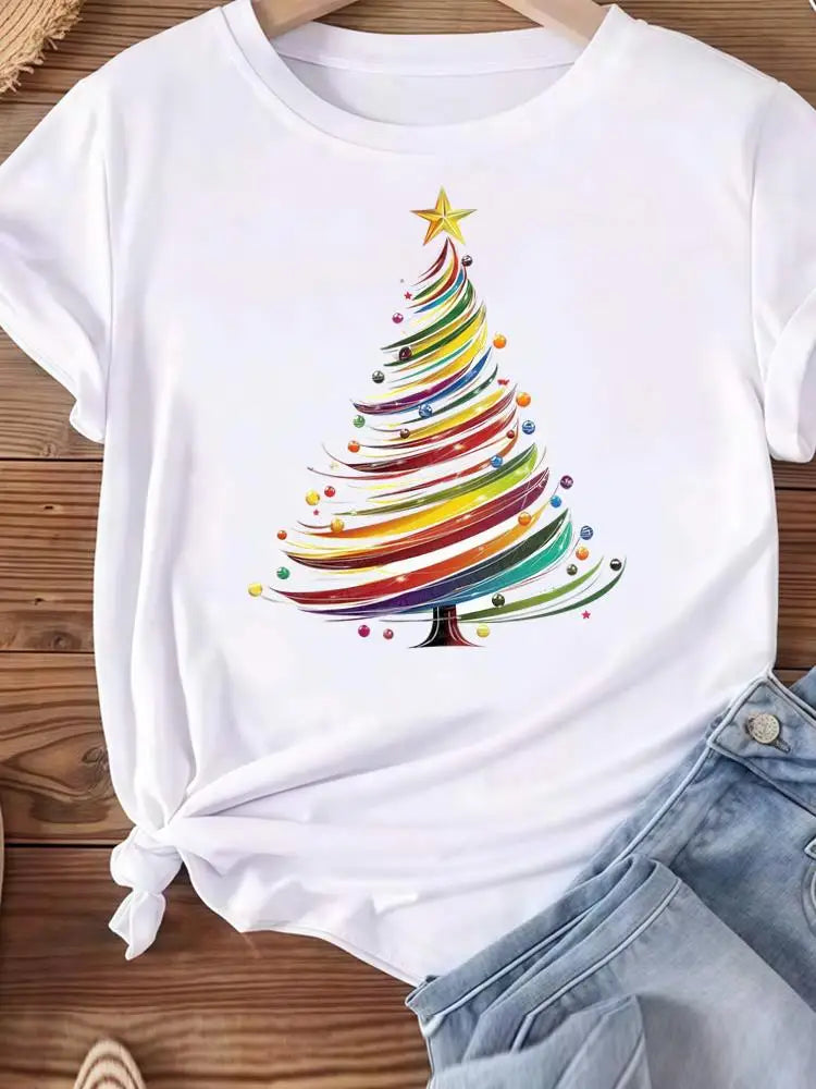 Christmas Clothes Holiday Printed Fashion New Year Women T Shirts Watercolor Tree Cute Top Merry Tees Clothing Graphic T-shirts