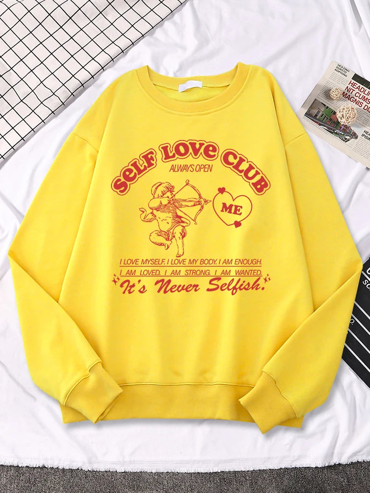 Self Love Club Cupid's Arrow Print Sweatshirt Women Casual Crewneck Sportswear Fleece Warm Hoodies Loose Comfortable Clothes