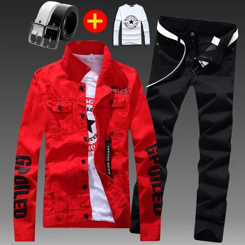 Men's Slim Fit Denim Jacket Pants 2pcs Set Long Sleeve Coats Letters Printed Casual Large Size Black White Red Boys Trousers
