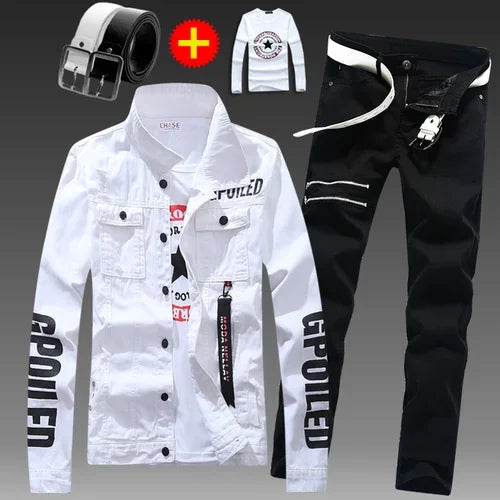 Men's Slim Fit Denim Jacket Pants 2pcs Set Long Sleeve Coats Letters Printed Casual Large Size Black White Red Boys Trousers