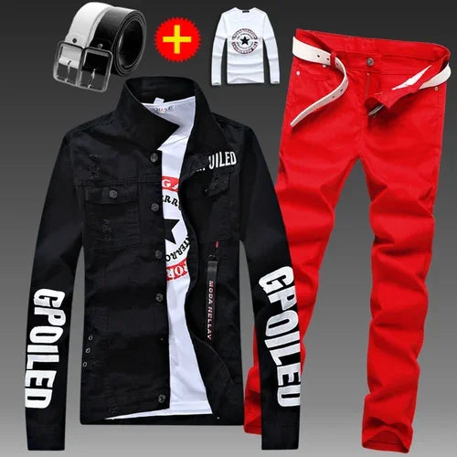 Men's Slim Fit Denim Jacket Pants 2pcs Set Long Sleeve Coats Letters Printed Casual Large Size Black White Red Boys Trousers