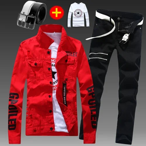 Men's Slim Fit Denim Jacket Pants 2pcs Set Long Sleeve Coats Letters Printed Casual Large Size Black White Red Boys Trousers
