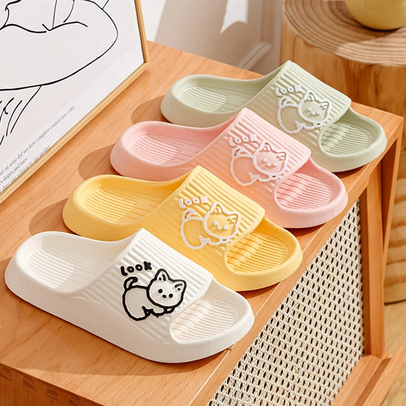 Summer Women Men's Slippers Indoor Bath Thick Platform Non-Slip Home Flip Flops Cartoon Cat Bear Beach Sandals Ladies Shoes