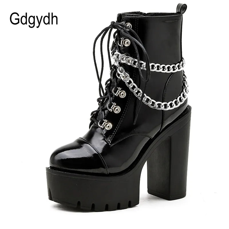 Gdgydh Black Gothic Women Shoes Autumn Ladies Ankle Boots High Heels Sexy Chain Punk Style Patent Leather Boots For Party Zipper