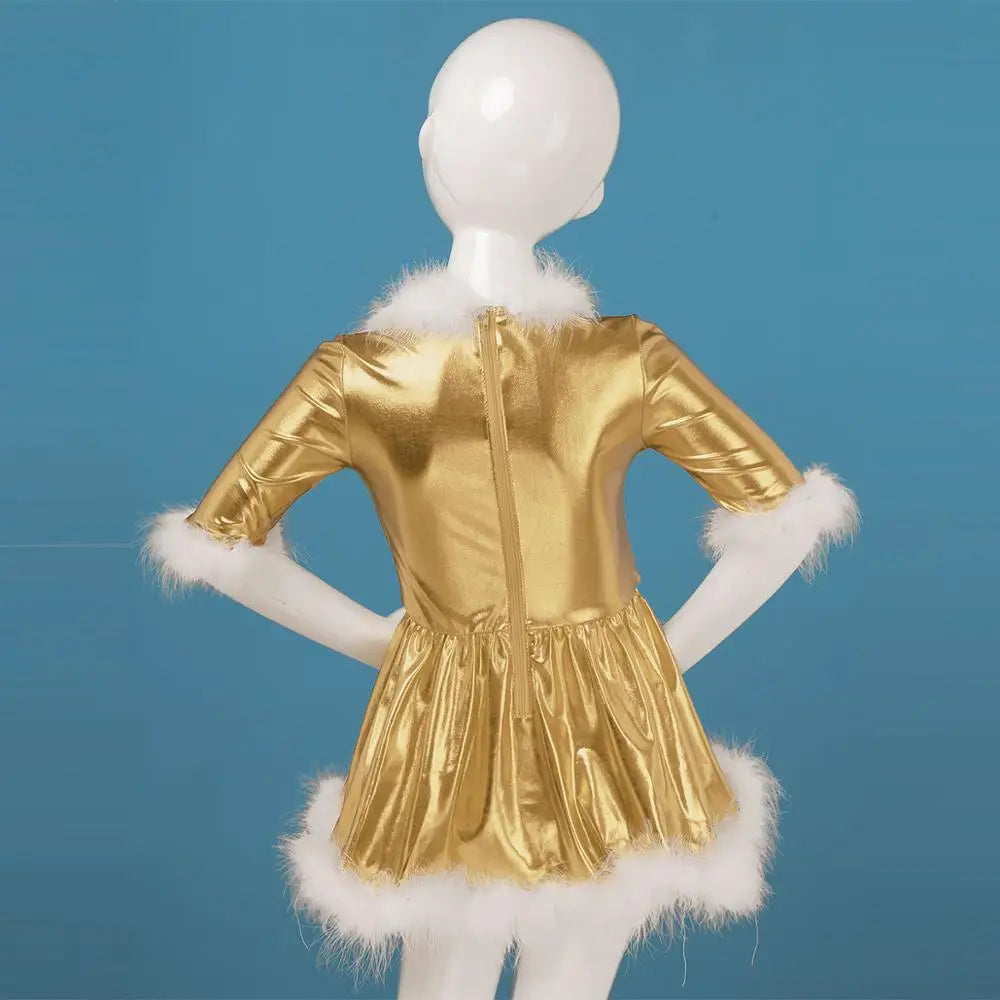 Christmas Clothes Kids Dresses For Girls Shiny Metallic Long Sleeves Christmas Dress Girl Cosplay Carnival Party Dance Costume