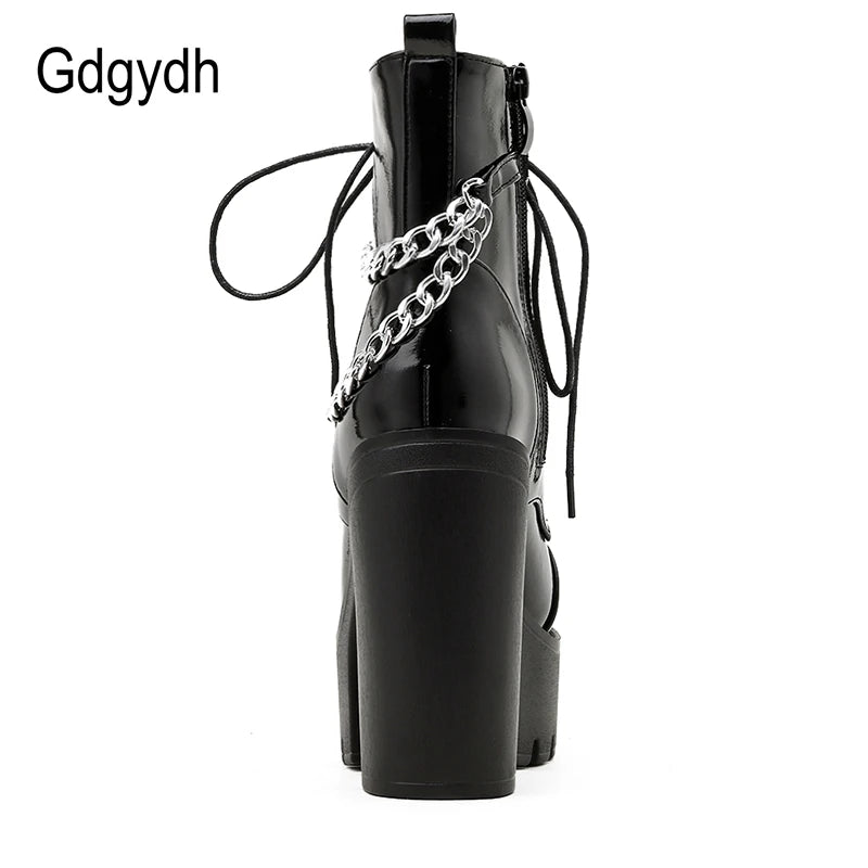 Gdgydh Black Gothic Women Shoes Autumn Ladies Ankle Boots High Heels Sexy Chain Punk Style Patent Leather Boots For Party Zipper