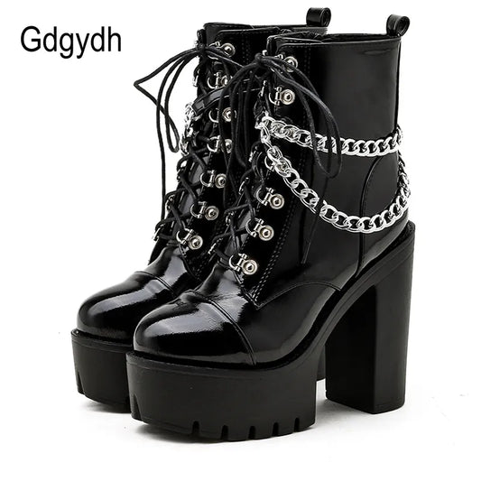 Gdgydh Black Gothic Women Shoes Autumn Ladies Ankle Boots High Heels Sexy Chain Punk Style Patent Leather Boots For Party Zipper
