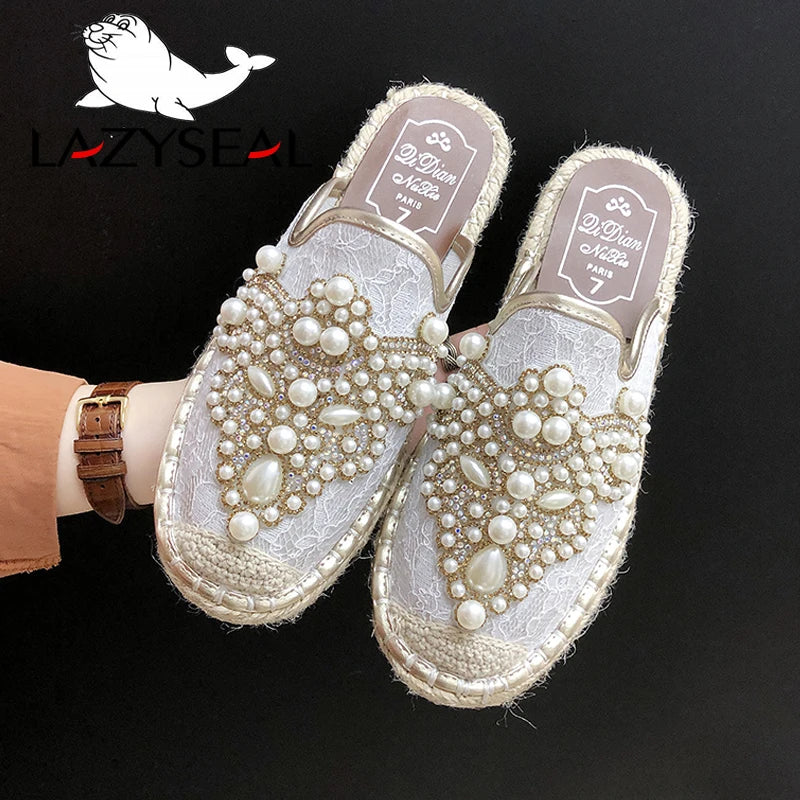 LazySeal New String Bead Half Slippers Spring Slides Women Shoes Pearl Hemp Flat Heel Shoes Women Cotton Fabric Lace Mules Shoes