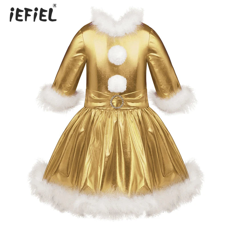 Christmas Clothes Kids Dresses For Girls Shiny Metallic Long Sleeves Christmas Dress Girl Cosplay Carnival Party Dance Costume
