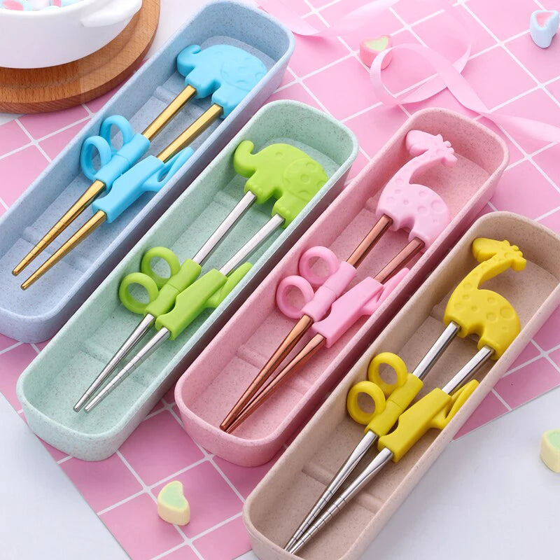 2Pairs Children Chopsticks For Kids Baby Staniless Steel Cartoon Learning Reusable Training Helper Chopsticks Home Baby Products